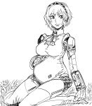  1girl 3 aegis_(persona) android ascot bb_(baalbuddy) blush closed_mouth eyebrows_visible_through_hair grass greyscale hairband hand_on_own_stomach highres looking_at_viewer monochrome number on_grass on_ground persona pregnant short_hair simple_background sitting smile solo thigh-highs white_background 