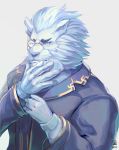  1boy absurdres blue_eyes character_request dated facing_viewer furry gloves hand_on_own_chin highres itohiro03 lion long_sleeves monocle pince-nez simple_background solo tokyo_houkago_summoners upper_body white_gloves white_hair 