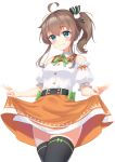  1girl belt black_legwear blue_eyes blush brown_hair buttons cat_hair_ornament closed_mouth collared_shirt commentary_request detached_sleeves green_neckwear hair_ornament hair_ribbon head_tilt highres hololive matsuri_channel natsuiro_matsuri neck_ribbon orange_skirt puffy_short_sleeves puffy_sleeves ribbon shirt short_hair short_sleeves side_ponytail sidelocks simple_background skirt skirt_lift smile solo starkamisan thigh-highs virtual_youtuber white_background white_shirt 