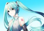  1girl aaru bangs black_sleeves blue_background blue_hair blue_neckwear closed_mouth collared_shirt detached_sleeves eyebrows_visible_through_hair floating_hair gradient gradient_background green_eyes hair_between_eyes hatsune_miku headphones long_hair necktie shiny shiny_clothes shiny_hair shirt sleeveless sleeveless_shirt smile solo twintails upper_body very_long_hair vocaloid white_background white_shirt wing_collar 
