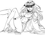  1girl anklet bangs bb_(baalbuddy) blunt_bangs breasts cape circlet covered_nipples fire_emblem fire_emblem_awakening greyscale high_heels jewelry leaning_back legs_up looking_at_viewer medium_breasts midriff monochrome navel pelvic_curtain shaded_face simple_background smile solo tharja_(fire_emblem) two_side_up white_background 