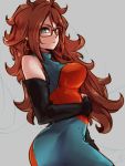  1girl android_21 black-framed_eyewear breasts brown_hair checkered checkered_dress detached_sleeves dragon_ball dragon_ball_fighterz dress earrings glasses grey_background hoop_earrings jewelry kemachiku large_breasts long_hair simple_background solo 