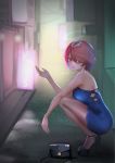 1girl absurdres alley alternate_costume arknights bag bangs bare_shoulders breasts cigarette commentary_request dress earrings exusiai_(arknights) halo handbag high_heels highres jewelry large_breasts open_toe_shoes red_eyes redhead richelieu short_hair sign squatting strapless strapless_dress 