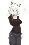  1girl animal_ear_fluff animal_ears arknights bangs black_collar black_pants black_shirt breasts casual collar green_eyes green_hair hand_up highres inniyik kal&#039;tsit looking_at_viewer mask medium_breasts mouth_mask pants shirt simple_background solo surgical_mask sweatpants white_background 