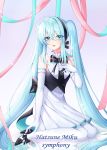  1girl :d absurdres ahoge back_bow bangs black_bow black_hairband black_neckwear blue_eyes blue_hair blue_ribbon bow character_name dress elbow_gloves eyebrows_visible_through_hair gloves grey_background hair_between_eyes hairband hatsune_miku high_heels highres long_hair looking_at_viewer miku_symphony_(vocaloid) open_mouth pink_ribbon ribbon shiny shiny_hair short_dress sitting sleeveless sleeveless_dress smile solo twintails user_wacy7548 very_long_hair vocaloid white_dress white_gloves 