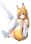  1girl animal_ear_fluff animal_ears bare_shoulders bell bell_collar blonde_hair collar commentary_request fox_ears fox_girl fox_tail hakama hakama_skirt highres japanese_clothes jingle_bell knees_together_feet_apart long_hair looking_at_viewer miko no_shoes off_shoulder original panties pantyshot pantyshot_(sitting) red_hakama shibacha simple_background sitting solo tail tail_hug thigh-highs underwear white_background white_legwear white_panties wide_sleeves 