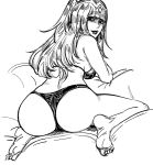  1girl ass back bare_arms bare_legs barefoot bb_(baalbuddy) bra breasts circlet fire_emblem fire_emblem_awakening from_behind greyscale large_breasts lipstick long_hair looking_at_viewer looking_back makeup monochrome panties parted_lips shaded_face simple_background sitting smile soles solo tharja_(fire_emblem) toes two_side_up underwear underwear_only wariza white_background 