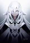  +_+ 1girl bangs black_robe blue_eyes closed_mouth commentary_request eyebrows_visible_through_hair gradient gradient_background grey_background hair_over_one_eye highres hoshizaki_reita long_hair looking_at_viewer original robe signature silver_hair solo upper_body very_long_hair white_background white_robe 