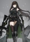  1girl assault_rifle bare_shoulders belt black_gloves black_legwear breasts brown_eyes brown_hair girls_frontline gloves green_hair gun hayabusa highres holding holding_gun holding_weapon long_hair looking_at_viewer m4_carbine m4a1_(girls_frontline) mod3_(girls_frontline) open_mouth rifle shorts solo thigh-highs weapon 