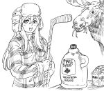  1girl :d bb_(baalbuddy) canada fur_hat gloves greyscale hat highres hockey_stick holding leaf long_hair looking_at_viewer maple_leaf monochrome moose open_mouth plaid_jacket racoona_sheldon sekaiju_no_meikyuu shin_sekaiju_no_meikyuu simple_background smile solo white_background 