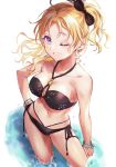  1girl anoa bead_bracelet beads bikini black_bikini black_ribbon blonde_hair bracelet breasts collarbone earrings eyebrows_visible_through_hair hair_ribbon highres idolmaster idolmaster_cinderella_girls jewelry kiryuu_tsukasa_(idolmaster) large_breasts navel one_eye_closed partially_submerged ponytail ribbon side-tie_bikini simple_background sketch solo standing swimsuit violet_eyes water white_background 