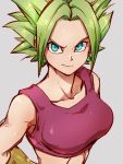  1girl blue_eyes breasts closed_mouth collarbone dragon_ball dragon_ball_super earrings green_hair grey_background jewelry kefla_(dragon_ball) kemachiku large_breasts looking_at_viewer potara_earrings short_hair simple_background smile solo upper_body 