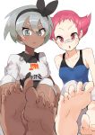  absurdres bandaid barefoot bodysuit_under_clothes breasts closed_mouth dark_skin grey_hair gym_leader hairband highres katsu_(katsupainter) looking_at_viewer multiple_girls pink_eyes pink_hair pokemon pokemon_(game) pokemon_dppt pokemon_swsh saitou_(pokemon) short_hair simple_background soles sumomo_(pokemon) white_background 