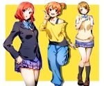  3girls bare_shoulders blazer blue_neckwear blue_pants blue_skirt bow bowtie brown_footwear brown_hair eyebrows_visible_through_hair full_body hand_up highres hoshizora_rin jacket koizumi_hanayo long_sleeves looking_at_viewer love_live! love_live!_school_idol_project multiple_girls nakano_maru nishikino_maki open_mouth orange_hair pants plaid plaid_skirt red_eyes redhead school_uniform shoes short_hair short_sleeves side_ponytail simple_background skirt smile socks standing v violet_eyes yellow_background 