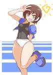  1girl aile blush breasts brown_hair commentary cougar1404 green_eyes looking_at_viewer open_mouth panties robot_ears rockman rockman_zx short_hair skin_tight smile solo underwear 