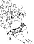  1girl bangs bare_shoulders bb_(baalbuddy) big_hair blush circlet clothes_writing dutch_angle fire_emblem fire_emblem_awakening flat_chest greyscale long_hair midriff monochrome navel nowi_(fire_emblem) open_mouth panties panty_peek parted_bangs pointy_ears pulled_by_self short_shorts shorts shorts_pull simple_background solo tank_top thigh-highs thigh_gap underwear white_background 