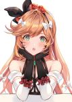  1girl aoi_(kirabosi105) bare_shoulders black_gloves clarisse_(granblue_fantasy) collarbone gloves granblue_fantasy green_eyes hair_ribbon highres looking_at_viewer orange_hair ribbon solo 