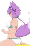  1girl animal_ear_fluff animal_ears arm_support ass bare_arms bare_shoulders bikini blush breasts closed_mouth commentary_request green_eyes hinata_masaki light_smile long_hair looking_away medium_breasts profile purple_hair ruhuyu_(show_by_rock!!) show_by_rock!! sitting solo swimsuit tail white_background white_bikini wolf_ears wolf_girl wolf_tail 