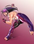  1girl abs bangs black_gloves blunt_bangs blush bowalia breasts covered_nipples full_body gloves gradient gradient_background halter_top halterneck han_juri kicking long_hair medium_breasts midriff multicolored_hair muscle muscular_female no_bra open_mouth padded_gloves pants plantar_flexion purple_background purple_gloves purple_hair purple_nails shiny shiny_clothes sideboob solo street_fighter street_fighter_v tight tight_pants toeless_legwear toenail_polish toes two-tone_gloves two-tone_hair violet_eyes 