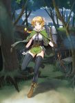  1girl arrow bangs black_gloves blonde_hair boots bow_(weapon) braid breasts brown_footwear cape commentary_request day elf forest gloves green_cape green_eyes hair_ornament highres holding holding_bow_(weapon) holding_weapon knee_up large_breasts long_hair looking_at_viewer nature nonderi original outdoors pointy_ears smile solo standing standing_on_one_leg stone thigh-highs tongue tongue_out tree water waterfall weapon 