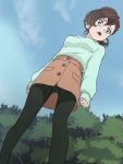  1girl black_legwear blue_eyes brown_hair brown_skirt gegege_no_kitarou green_sweater haruyama_kazunori inuyama_mana long_sleeves looking_away open_mouth panties panties_under_pantyhose pantyhose short_hair skirt solo standing sweater underwear 