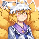  1girl animal_ears blonde_hair dress fox_ears fox_tail hat kitsune lanalopez92 multiple_tails pillow_hat short_hair simple_background solo tail touhou white_dress yakumo_ran yellow_eyes 