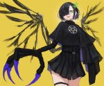  1girl black_hair blush claws fang from_below green_eyes hair_over_one_eye highres kasagarasu looking_at_viewer monster_girl multicolored_hair original short_hair smile solo standing thigh_strap wings yellow_background 