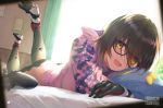 1girl :d backlighting bottomless brown_hair controller curtains cushion eyebrows_visible_through_hair fukai_ryousuke game_controller gamepad glasses gloves high_heels hood hoodie indoors looking_at_viewer lying on_stomach open_mouth roboco-san roboco_ch. smile solo virtual_youtuber yellow_eyes
