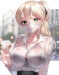  1girl blonde_hair bow bra bra_visible_through_clothes bralines breasts button_gap eyebrows_visible_through_hair green_eyes hair_bow highres large_breasts mask mouth_mask office_lady original ponytail see-through shirosaba shirt underwear v wet wet_clothes wet_shirt 