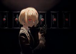  1boy adjusting_clothes bangs black_background black_jacket black_neckwear blonde_hair blood blood_on_face bloody_hands closed_mouth collared_shirt expressionless eyeball formal hunter_x_hunter jacket jewelry kurapika long_sleeves looking_at_viewer male_focus necktie red_eyes shirt sidelocks single_earring solo suit suit_jacket tentsuu_(tentwo) upper_body white_shirt 