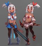  2girls ahoge bangs belt belt_buckle black_footwear black_gloves black_legwear blue_flower blue_ribbon blue_skirt boots bow breasts brown_belt buckle collarbone commentary criss-cross_halter crop_top dagger dark_elf detached_sleeves dual_wielding elf english_commentary fingerless_gloves flower gloves glowing grey_background grey_footwear hair_between_eyes hair_flower hair_ornament hair_ribbon hairclip halterneck high_heel_boots high_heels highleg highleg_panties highres holding holding_dagger holding_sword holding_weapon long_sleeves midriff miya_(pixiv15283026) multiple_girls navel original panties parted_lips pleated_skirt pointy_ears puffy_short_sleeves puffy_sleeves red_bow red_eyes red_flower red_ribbon ribbon shirt short_sleeves side_ponytail sidelocks skindentation skirt sleeveless sleeveless_shirt small_breasts smile standing standing_on_one_leg sword thigh-highs thighhighs_under_boots underwear weapon white_panties white_shirt white_skirt white_sleeves 