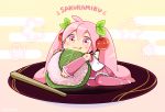  1girl :3 bare_shoulders character_name cherry_hair_ornament commentary detached_sleeves egasumi food food_themed_hair_ornament hair_ornament hatsune_miku headphones holding holding_food leaf long_hair looking_at_viewer minigirl mochi nokuhashi object_hug pink_eyes pink_hair pink_legwear pink_skirt pink_sleeves plate sakura_miku sakura_mochi shirt shoulder_tattoo skirt sleeveless sleeveless_shirt smile solo stick tattoo thigh-highs tongue tongue_out twintails very_long_hair vocaloid wagashi white_shirt 