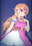  1girl blonde_hair blue_eyes breasts dark_persona dress fang highres jewelry long_hair looking_at_viewer ougushi_takaaki pointy_ears princess_zelda smile solo the_legend_of_zelda 