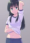  1girl arm_up bangs black_hair blue_shorts breasts cerasus closed_mouth commentary_request eyebrows_visible_through_hair flower green_eyes grey_background gym_shirt gym_uniform hair_flower hair_ornament hand_under_clothes hand_under_shirt highres long_hair looking_at_viewer navel saten_ruiko shirt short_sleeves shorts sidelocks simple_background small_breasts smile solo to_aru_kagaku_no_railgun to_aru_majutsu_no_index very_long_hair white_flower white_shirt 