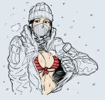  1girl bb_(baalbuddy) beanie bikini black_hair breasts coat covered_nipples frost_(rainbow_six_siege) hat highres large_breasts long_sleeves looking_at_viewer mask mouth_mask navel open_clothes open_coat rainbow_six_siege red_bikini short_hair solo striped striped_bikini sweatdrop swimsuit upper_body 