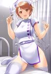  1girl :d ass_visible_through_thighs bangs bed bed_sheet belt belt_buckle blush breasts brown_eyes brown_hair buckle curtains dress eyebrows_visible_through_hair glint hat heart highres holding holding_syringe hospital_bed houjou_karen idolmaster idolmaster_cinderella_girls indoors kazu large_breasts leg_up nose_blush nurse nurse_cap open_mouth short_dress short_hair short_sleeves side_slit smile solo stethoscope swept_bangs syringe thigh-highs white_dress white_legwear 