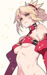  1girl ban bare_shoulders blonde_hair breasts cover detached_sleeves eyebrows_visible_through_hair fate/apocrypha fate/grand_order fate_(series) from_below green_eyes halterneck highres lips long_hair looking_at_viewer looking_down medium_breasts mordred_(fate) mordred_(fate)_(all) no_panties ponytail scrunchie sidelocks simple_background smirk solo under_boob white_background wind 