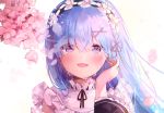  1girl alternate_hair_length alternate_hairstyle bangs black_ribbon blue_eyes blue_hair blush breasts castle_1226 commentary_request crying crying_with_eyes_open detached_sleeves eyebrows_visible_through_hair face flower frills hair_ornament hair_over_one_eye hair_ribbon long_hair looking_at_viewer maid maid_headdress open_mouth pink_flower pink_ribbon re:zero_kara_hajimeru_isekai_seikatsu rem_(re:zero) ribbon smile solo tears x_hair_ornament 