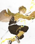  1boy agatsuma_zenitsu bangs black_jacket black_pants blonde_hair brown_footwear closed_eyes clothes_writing commentary_request glint grey_background highres holding holding_sheath holding_sword holding_weapon jacket katana kimetsu_no_yaiba konotuki lightning male_focus open_clothes pants parted_lips sheath shoe_soles solo sword thick_eyebrows unsheathing weapon 