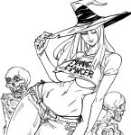  1girl bb_(baalbuddy) breasts closed_mouth crop_top denim dragon&#039;s_crown dutch_angle english_text fingernails greyscale hat head_tilt highres jeans large_breasts long_hair looking_at_viewer midriff monochrome navel one_eye_closed pants short_sleeves simple_background smile solo sorceress_(dragon&#039;s_crown) thigh_gap under_boob white_background wide_hips witch_hat 