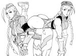  2girls antenna_hair ass bb_(baalbuddy) bent_over beret boots braid breasts cammy_white covered_nipples dual_persona greyscale hat highres large_breasts leotard long_hair monochrome multiple_girls necktie on_person parted_lips ribbed_leotard simple_background standing street_fighter street_fighter_v street_fighter_zero_(series) sweatdrop very_long_hair white_background 