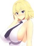  1girl absurdres bangs bare_arms bare_shoulders blonde_hair blush breasts closed_mouth collared_shirt eyebrows_visible_through_hair fate/grand_order fate_(series) hand_on_own_cheek highres jeanne_d&#039;arc_(fate) jeanne_d&#039;arc_(fate)_(all) large_breasts necktie nose_blush purple_neckwear reyomi_(reyomi9) shirt short_hair sideboob simple_background skindentation sleeveless sleeveless_shirt smile solo upper_body violet_eyes white_background white_shirt 