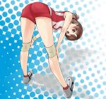  1girl abimaru_gup ass bangs bent_over blue_background brown_eyes brown_hair commentary_request cross-laced_footwear from_behind full_body girls_und_panzer hair_tie hands_on_own_knees highres kawanishi_shinobu knee_pads looking_at_viewer looking_back open_mouth partial_commentary polka_dot polka_dot_background red_legwear red_shirt red_shorts shirt shoes short_hair short_ponytail short_shorts shorts sleeveless sleeveless_shirt sneakers socks solo sportswear standing swept_bangs twintails volleyball_uniform white_footwear wristband 