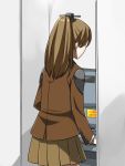  1girl atm brown_hair brown_jacket commentary_request from_behind jacket kantai_collection kumano_(kantai_collection) pleated_skirt ponytail school_uniform skirt solo yohei_(pizzadev) 