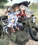  3girls absurdres black_bow black_gloves black_headwear black_legwear black_sailor_collar black_skirt blue_eyes blue_shawl blurry bow brown_eyes brown_hair commentary_request day depth_of_field facial_scar field flat_cap gangut_(kantai_collection) gloves grey_hair ground_vehicle hair_bow hammer_and_sickle hat hibiki_(kantai_collection) highres hizuki_yayoi jacket jacket_on_shoulders kantai_collection long_hair looking_at_viewer low_twintails motor_vehicle motorcycle multiple_girls outdoors pantyhose papakha peaked_cap red_shirt remodel_(kantai_collection) ribbon_trim riding sailor_collar scar scar_on_cheek scarf school_uniform serafuku shawl shirt short_sleeves sidecar silver_hair skirt tashkent_(kantai_collection) thigh-highs torn_scarf tricycle twintails v vehicle_request verniy_(kantai_collection) white_headwear white_jacket white_scarf 