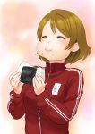  1girl blush breasts eating food highres jacket koizumi_hanayo love_live! love_live!_school_idol_project onigiri short_hair smile solo track_jacket turiganesou800 