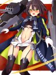  1girl :o ass_visible_through_thighs azur_lane baltimore_(azur_lane) bangs black_legwear black_panties blue_coat blush border braid breasts brown_hair center_opening character_name coat collar commentary_request cowboy_shot dress eyebrows_visible_through_hair faulds french_braid garter_straps gloves groin hair_between_eyes highres hood hood_down hooded_coat large_breasts long_sleeves looking_at_viewer machinery midriff midriff_cutout multicolored_coat navel number open_clothes open_coat panties red_background rigging sebunsu short_hair side_slit sidelocks sleeveless sleeveless_dress solo standing thigh-highs turret under_boob underboob_cutout underwear white_border white_dress white_gloves wind wind_lift yellow_eyes zipper zipper_pull_tab 