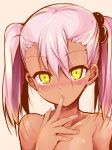  1girl bare_shoulders blush chloe_von_einzbern dark_skin fate/kaleid_liner_prisma_illya fate_(series) highres long_hair looking_at_viewer pink_hair sen_(astronomy) solo twintails yellow_eyes 