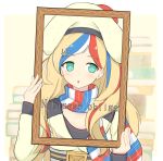  1girl absurdres beret blonde_hair blue_hair commandant_teste_(kantai_collection) double-breasted dress french_flag french_text hat highres kantai_collection long_hair looking_at_viewer multicolored multicolored_clothes multicolored_hair picture_frame plaid plaid_scarf pom_pom_(clothes) redhead scarf shonasan solo streaked_hair wavy_hair white_hair 