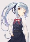  1girl ;&lt; belt belt_buckle black_belt black_dress black_ribbon blush buckle buttons dress grey_background grey_hair hair_ribbon kantai_collection kasumi_(kantai_collection) long_hair long_sleeves neck_ribbon nueco one_eye_closed pinafore_dress red_ribbon remodel_(kantai_collection) ribbon shirt side_ponytail simple_background solo upper_body white_shirt yellow_eyes 